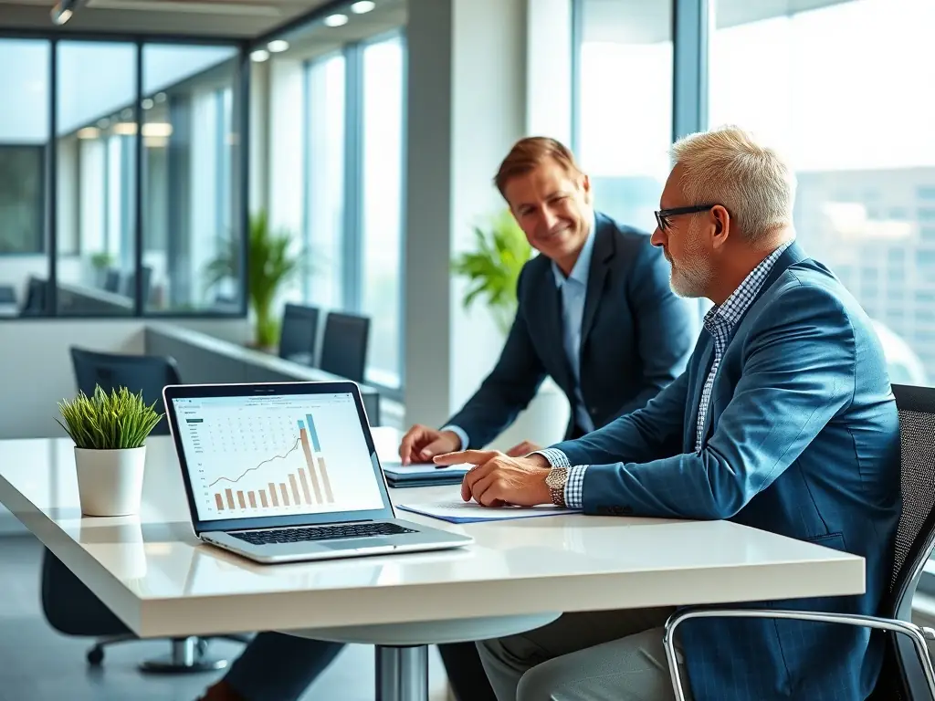 A business owner reviewing financial reports with a consultant, focusing on strategic financial decisions for business growth.