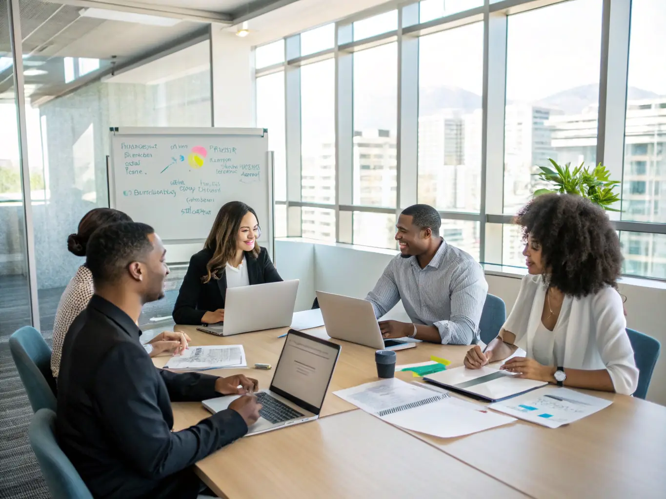 An image of a diverse group of South African professionals collaborating on financial planning in a modern office.