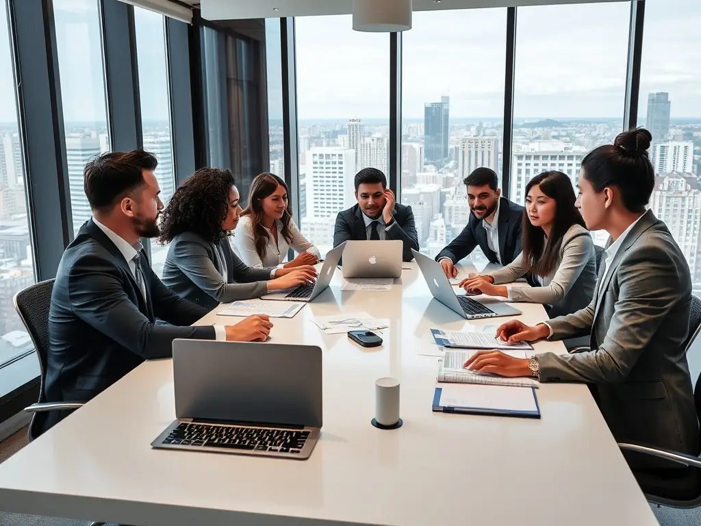 A diverse team of financial advisors collaborating on wealth management strategies, emphasizing growth and security.