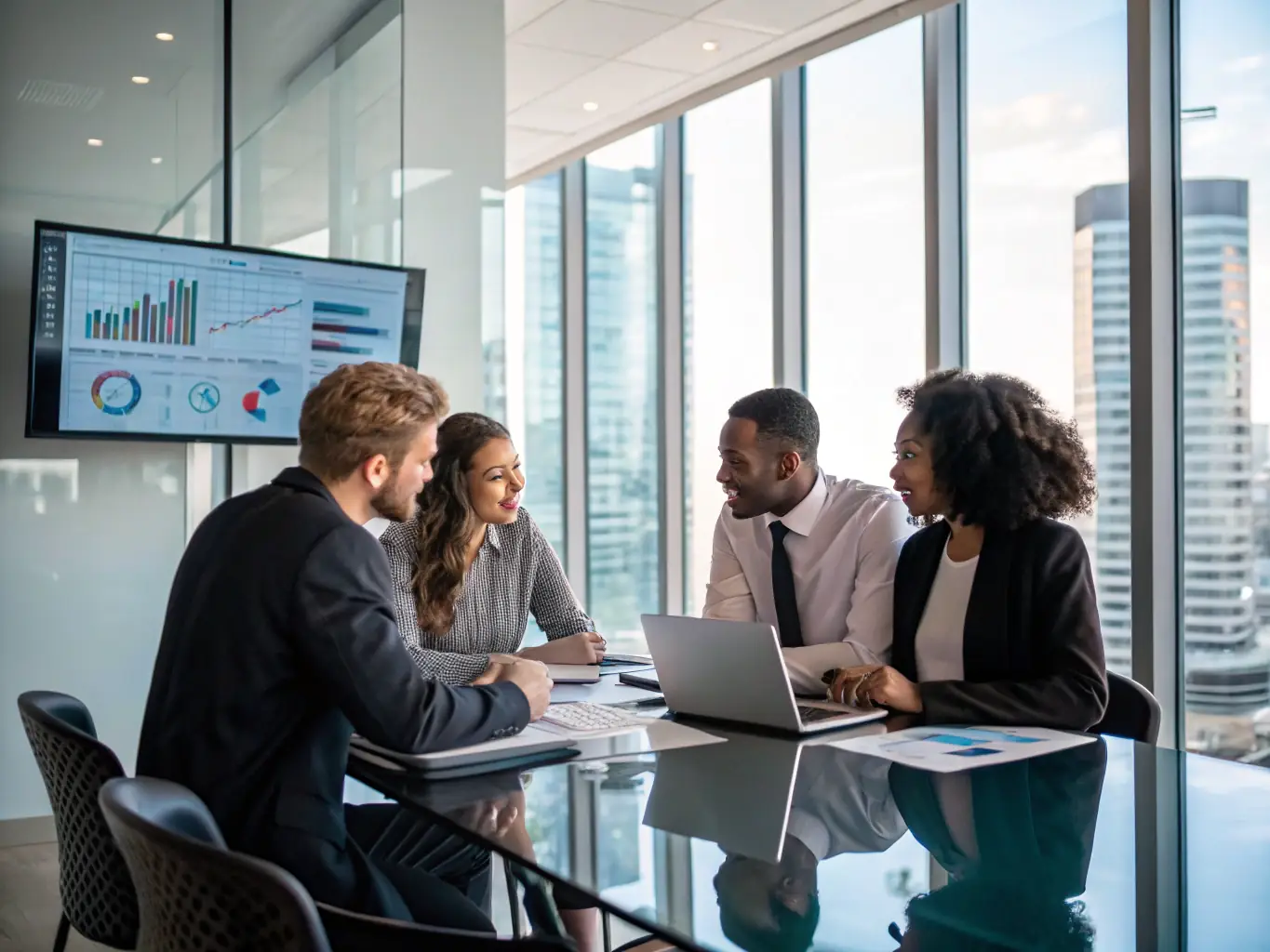 A diverse team of financial consultants collaborating in a modern office, analyzing market data and developing investment strategies tailored for the South African market.