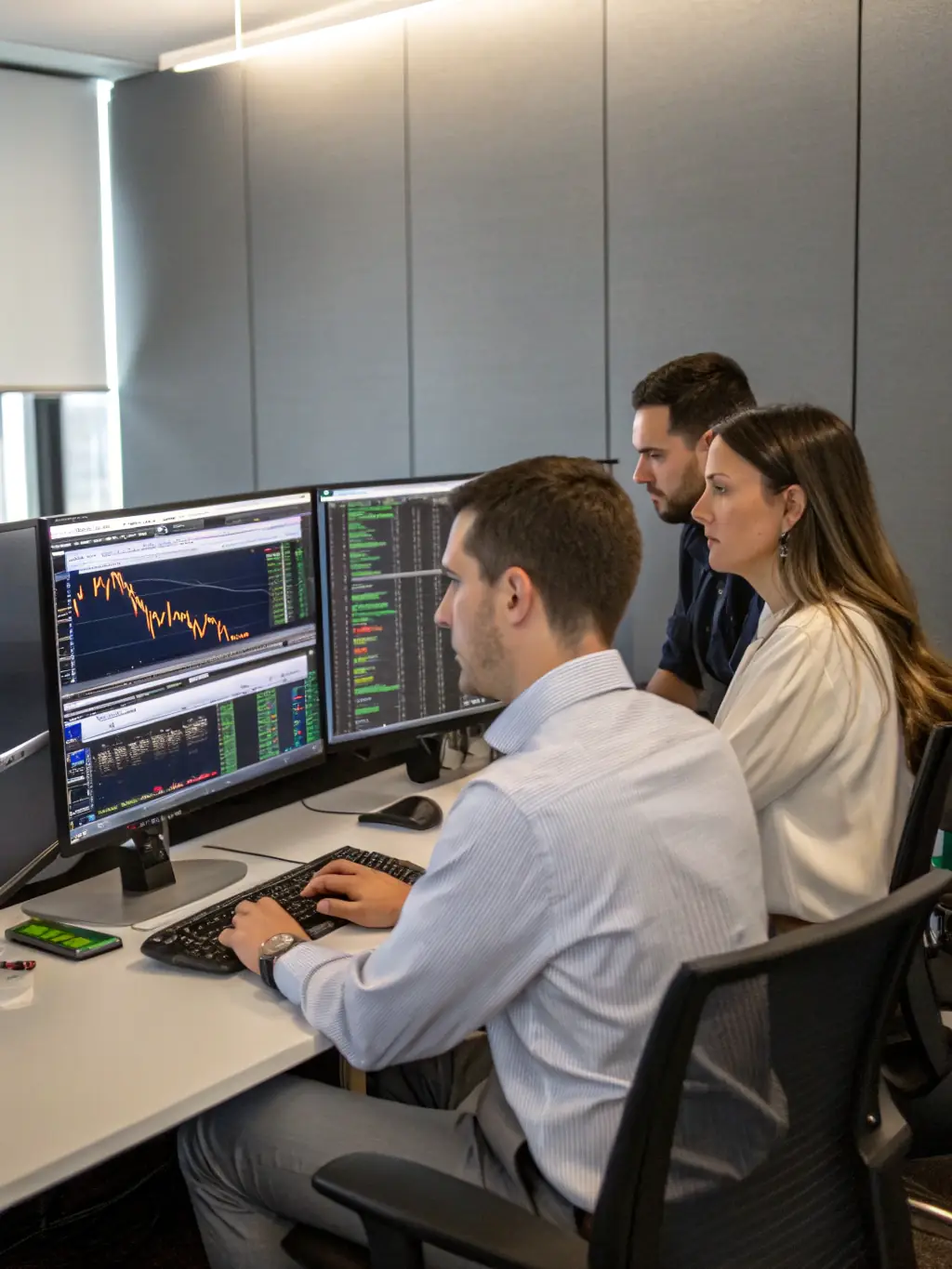 A diverse group of financial analysts collaborating on investment strategies in a modern office environment, reflecting teamwork and expertise.