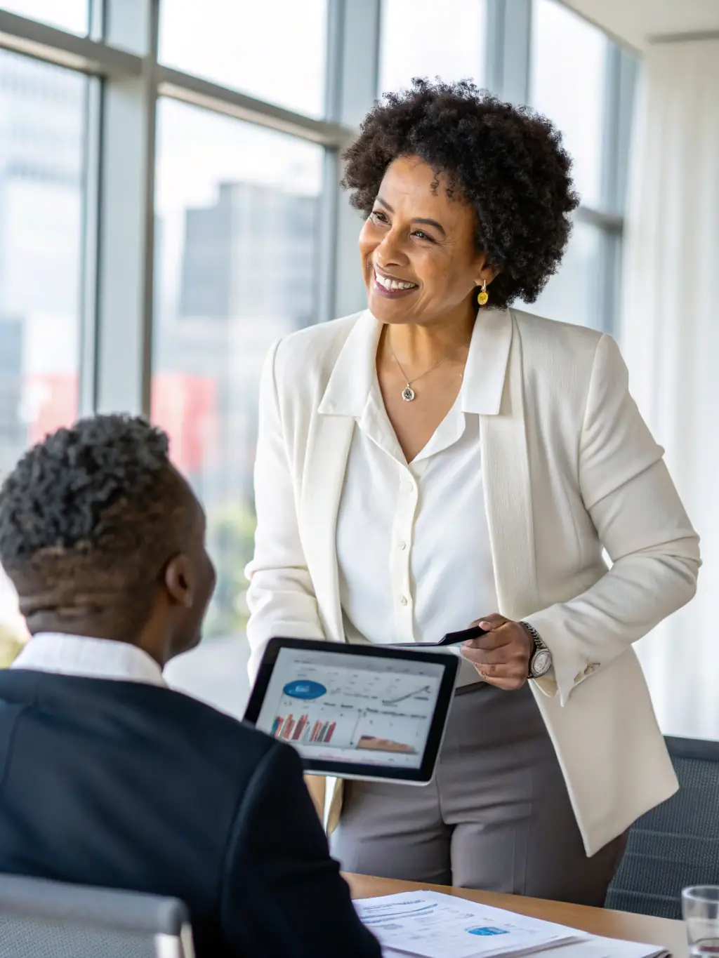 A financial consultant presenting a wealth management plan to a client, showcasing personalized service and expertise.